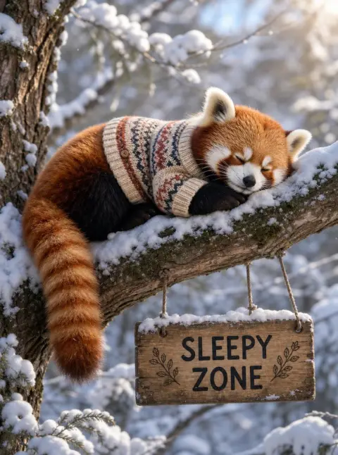 Red panda wearing a tiny knitted sweater on a snowy branch, a small wooden sign below it that reads "SLEEPY ZONE…
