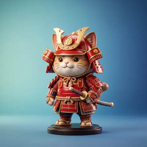 3D chibi figurine of a samurai cat in red armor with a tiny katana, glossy vinyl toy finish, studio lighting on a clean