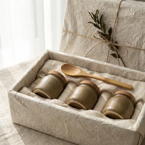 Hanji paper-wrapped Korean tea gift set with ceramic jars and a bamboo spoon, soft natural light on linen, artisanal pre