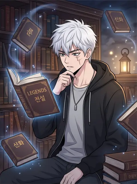 Korean webtoon style, clean line art, soft cel shading: a cool boy with white hair and a scar in a library with floating