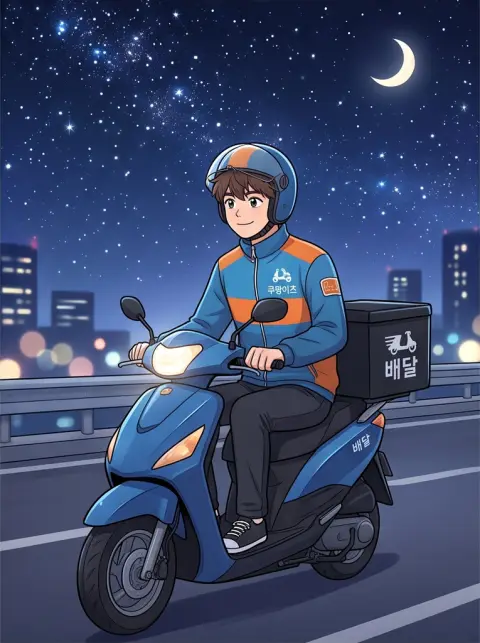 Korean webtoon style, clean line art, soft cel shading: a delivery boy on a scooter under a starry sky