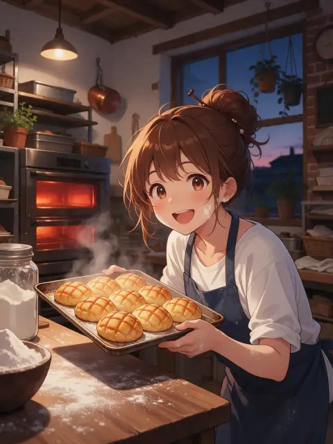 Anime girl working at a cozy bakery at dawn, flour on her cheek, holding a tray of fresh melon pan, warm oven glow, stea