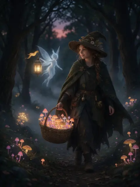 Forest witch girl with a basket of glowing mushrooms walking through a twilight woods, a tiny lantern spirit following h