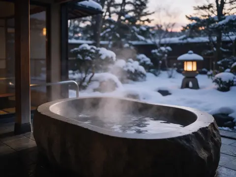 Japanese onsen ryokan outdoor bath with stone tub, steam, snow-covered garden, lantern at dusk