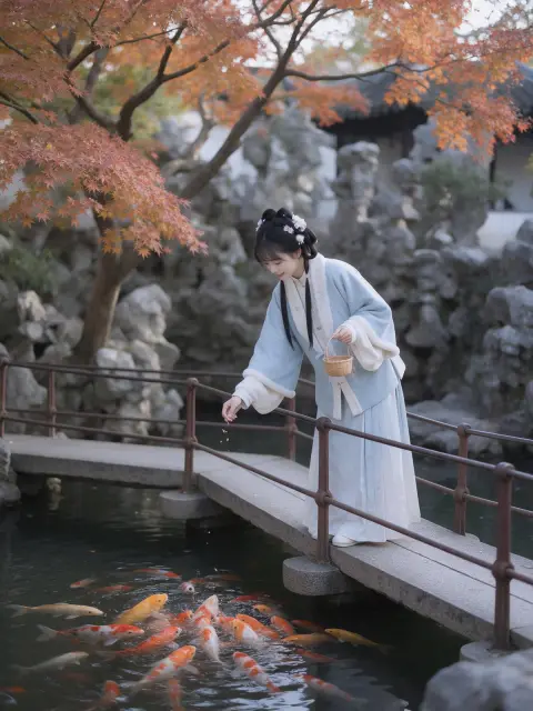 Guofeng girl feeding koi fish from a zigzag bridge in a Suzhou garden, autumn maple, rock garden, soft elegant palette