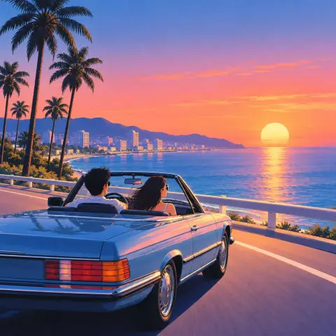 Retro 1980s Japanese city pop album-cover style illustration of a convertible driving along a seaside road at sunset, pa