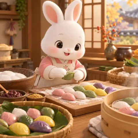 3D cute rabbit character in a chef apron making songpyeon rice cakes for Chuseok, warm kitchen, soft render