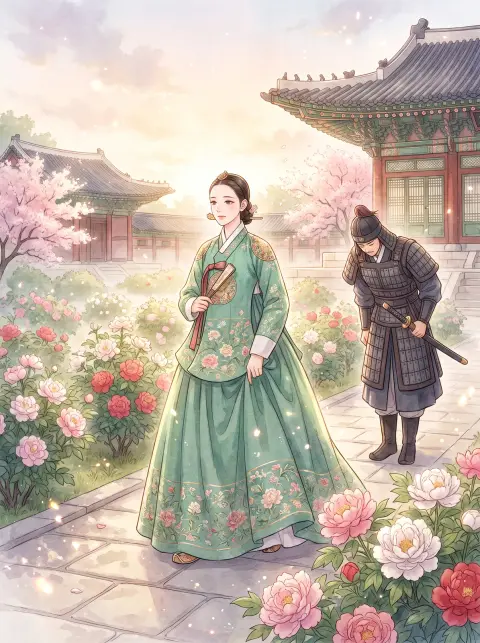 Korean webtoon romance fantasy of a crown princess in a jade-green dangui walking through a palace garden of blooming…