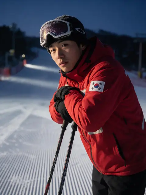 Korean ski patroller in his twenties in a red jacket leaning on his poles at the top of a Gangwon-do slope at first ligh