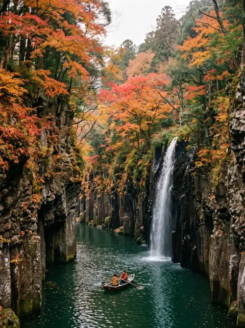 Takachiho Gorge in Kyushu in late autumn, a slender waterfall pouring into an emerald pool between basalt columns…