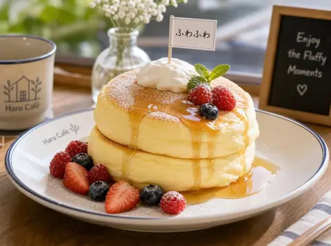 Plate of fluffy Japanese soufflé pancakes with berries and maple syrup…