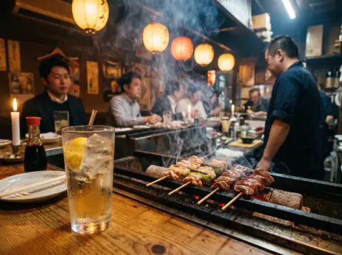 Japanese izakaya counter with yakitori skewers grilling over binchotan charcoal, smoke rising, a cold highball glass, wa