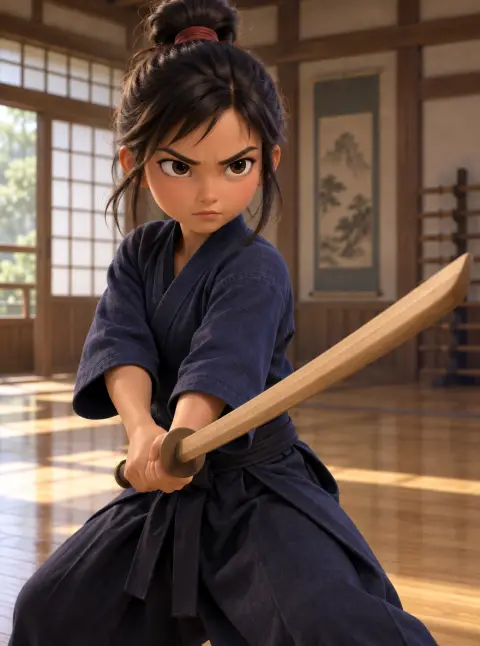 3D stylized young samurai girl with a wooden sword and determined face, animated film quality, dojo background