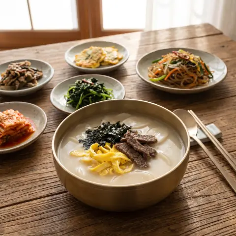 Korean tteokguk rice-cake soup in a brass bowl with egg ribbons, seaweed and beef on a New Year's table with side…