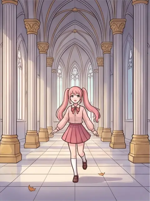 Korean webtoon style, clean line art, soft cel shading: a girl with pink twin tails in a fantasy castle hall