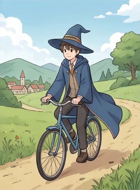 Korean webtoon style, clean line art, soft cel shading: a mage boy with a long blue coat on a bicycle down a hill