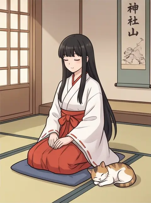 Korean webtoon style, clean line art, soft cel shading: a shrine maiden with long black hair in a cozy room with a cat
