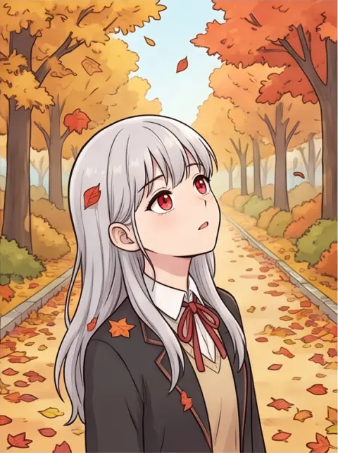 Korean webtoon style, clean line art, soft cel shading: a girl with silver hair and red eyes in an autumn park