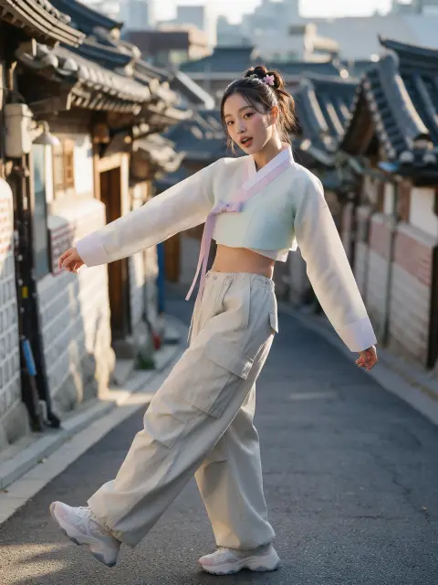 Modern hanbok streetwear look: a model in a cropped pastel jeogori jacket over wide cargo trousers and chunky sneakers,