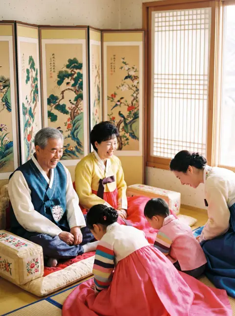 Korean family of three generations in colorful hanbok bowing for sebae on Lunar New Year morning, grandparents seated on