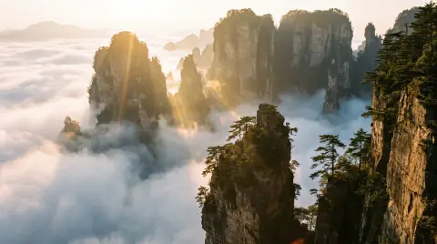 Zhangjiajie sandstone pillars rising out of a sea of clouds, pine trees clinging to cliffs, early morning light breaking