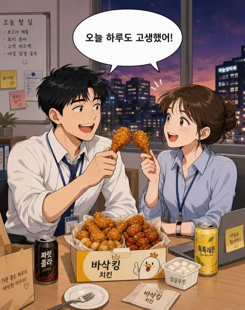 Korean webtoon panel: two coworkers celebrating with fried chicken after work…