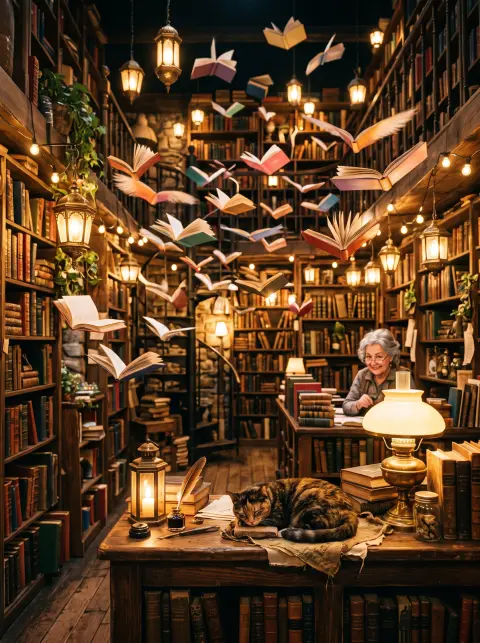 Magical bookshop where books fly like birds between shelves, a cat on the counter, warm lamplight, whimsical and cozy