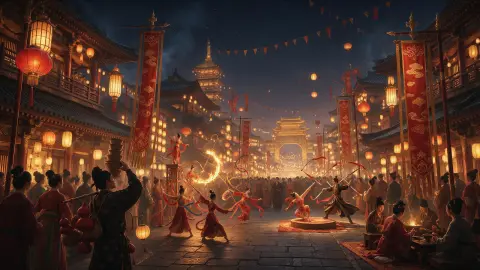 Guofeng style: a grand Tang dynasty market street at night with acrobats, silk banners and lantern light, bustling crowd