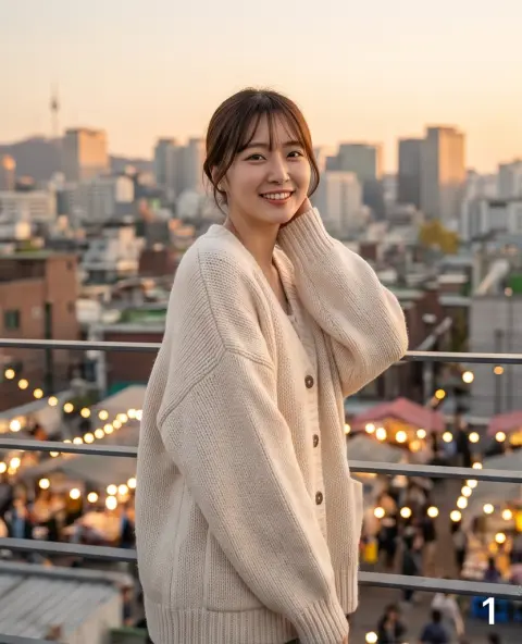 High fashion editorial of a young Japanese woman wearing an oversized cream knit cardigan in a Seoul rooftop at golden h