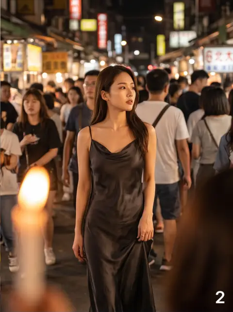 High fashion editorial of a young Korean woman wearing a flowing silk slip dress in a Taipei night market, candlelight,