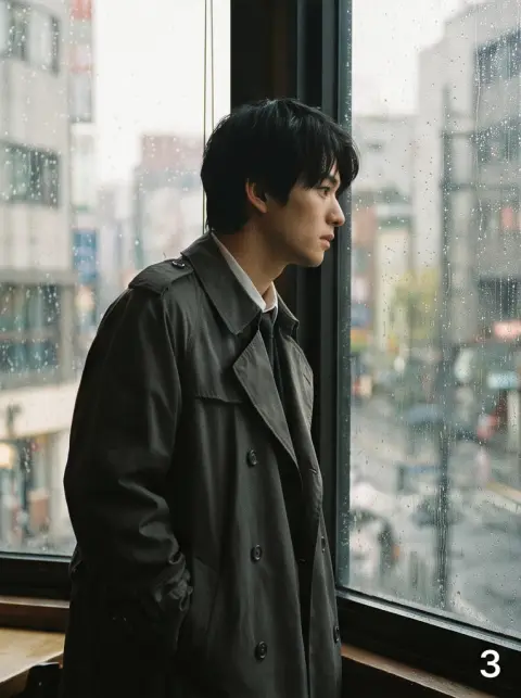 High fashion editorial of a young Japanese man wearing a trench coat in a rainy cafe window, overcast diffused light, ci