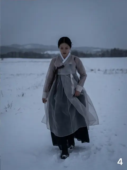 High fashion editorial of a young Chinese woman wearing a modern hanbok with sheer organza in a Hokkaido snowfield, mood