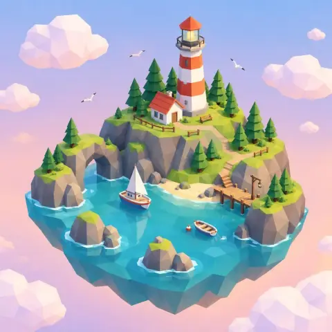 Low-poly stylized 3D island with a lighthouse, tiny boats and pine trees, floating in a pastel sky, isometric game asset