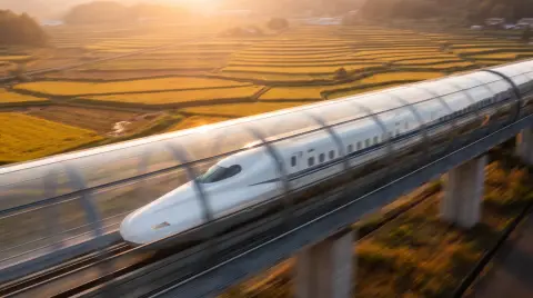 Photoreal maglev train speeding through a futuristic glass tube across rice fields at sunset, sleek white design, motion