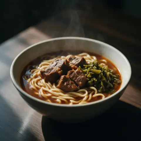 Food photography: a steaming bowl of Taiwanese beef noodle soup with braised shank and pickled greens…