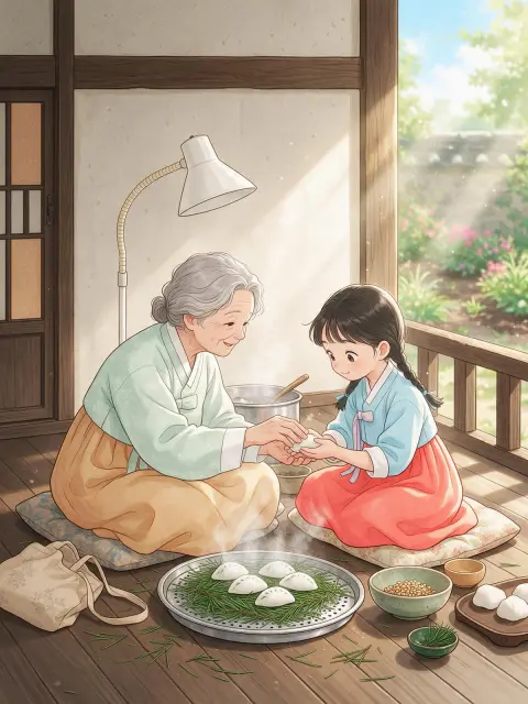 Korean webtoon healing slice of life of a grandmother teaching her granddaughter to shape songpyeon on a sunny veranda…