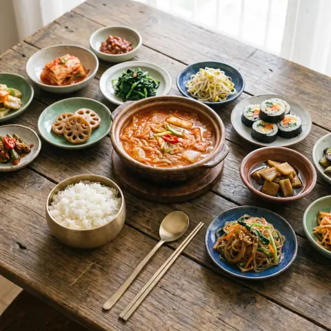 Overhead shot of a Korean hansang table: bubbling kimchi jjigae in an earthenware pot, rice in a brass bowl, colorful ba