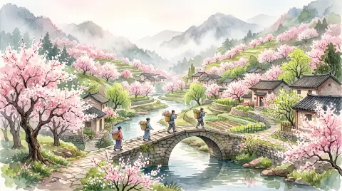 Guofeng mountain village in spring with peach blossoms covering the hills, a stone bridge over a stream, villagers carry