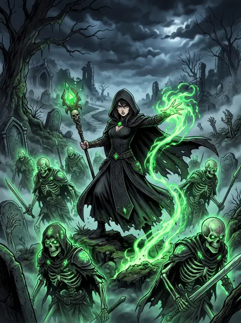 Webtoon fantasy: a female necromancer in a black hooded robe raising glowing green skeletal soldiers in a misty graveyar