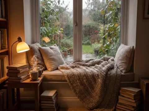 Cozy reading nook with a window seat, stacks of books, a knitted blanket and tea, rain outside, warm lamp light, hygge m