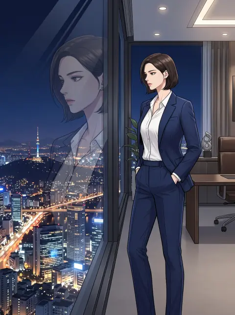 Manhwa office romance: a woman CEO in a sharp navy suit looking over Seoul from her glass office at night, reflection of