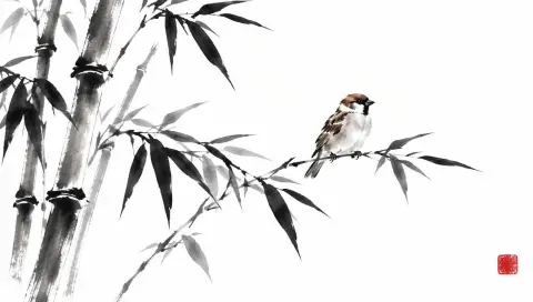 Sumi-e ink painting of bamboo and a sparrow, expressive brush strokes, lots of white space, red seal stamp without text