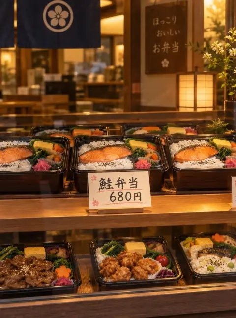 Japanese bento shop window display with a handwritten price card that reads "鮭弁当 680円", neat rows of bento boxes…