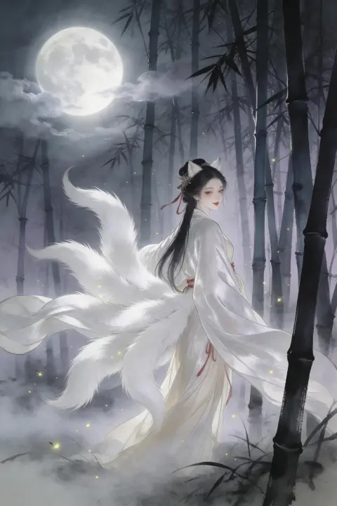 Guofeng ink and color painting of a fox spirit maiden with nine white tails in a moonlit bamboo grove, fireflies, soft s