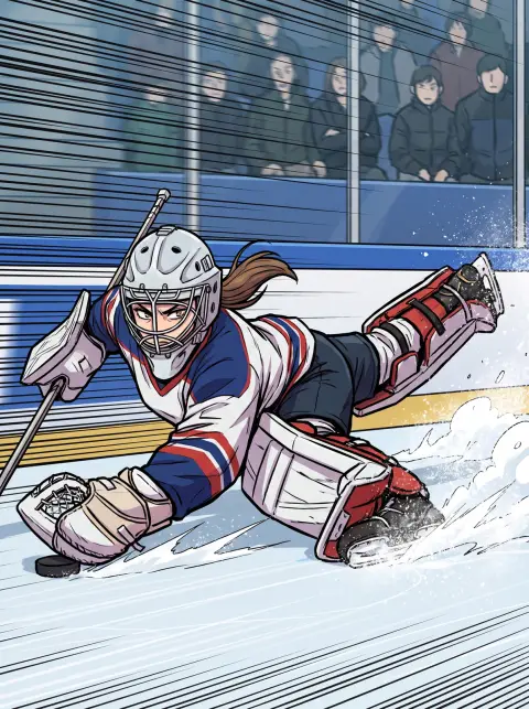 Korean webtoon sports panel of a women's ice hockey goalie sprawling to stop a puck…