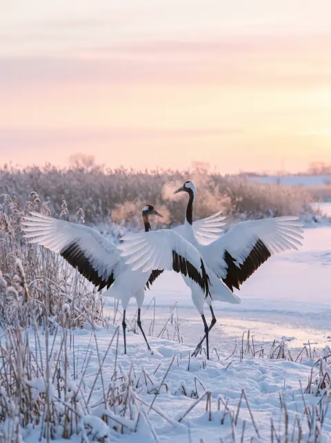 Red-crowned cranes dancing in the snow of a Hokkaido wetland at dawn, wings spread, breath of mist, delicate pastel ligh