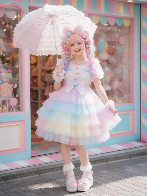 Kawaii Harajuku fashion: a model in a pastel layered tulle dress, platform shoes and a lace parasol, standing in front o