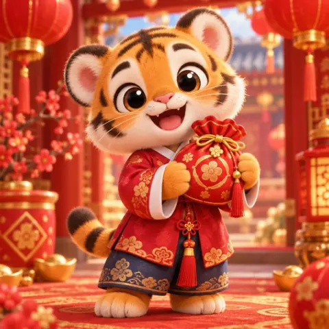 3D cute tiger cub character in a hanbok holding a lucky pouch for Lunar New Year, festive red and gold background, soft