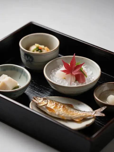 Japanese kaiseki course on a lacquer tray: seasonal sashimi on ice, a single maple leaf garnish, small grilled fish, del