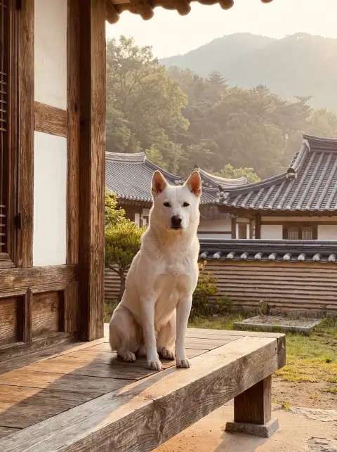 Jindo dog sitting proudly on a hanok wooden porch, white coat glowing in morning light, alert ears, Korean traditional b